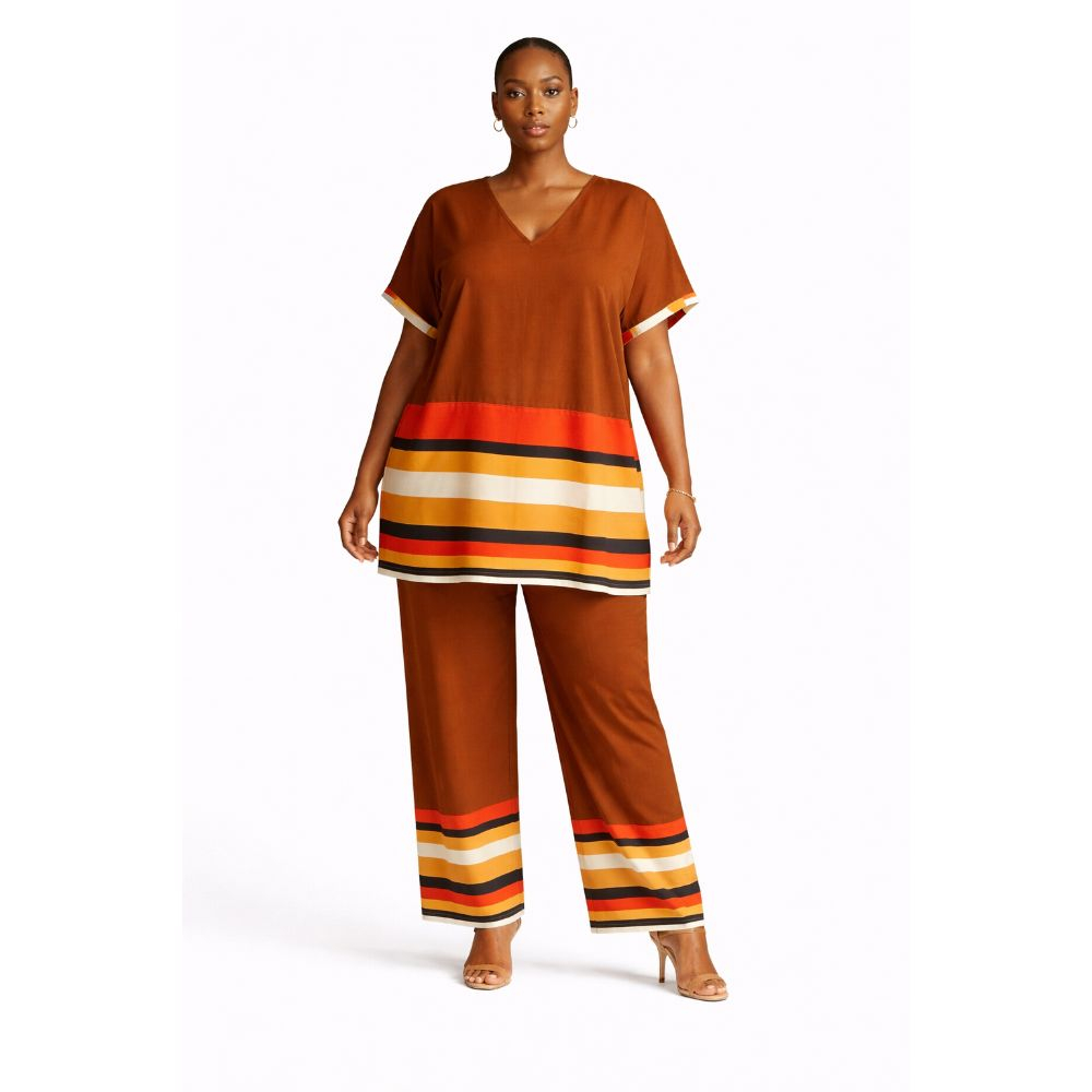 Brown Striped TwoPiece Set with VNeck Top and Matching Pants